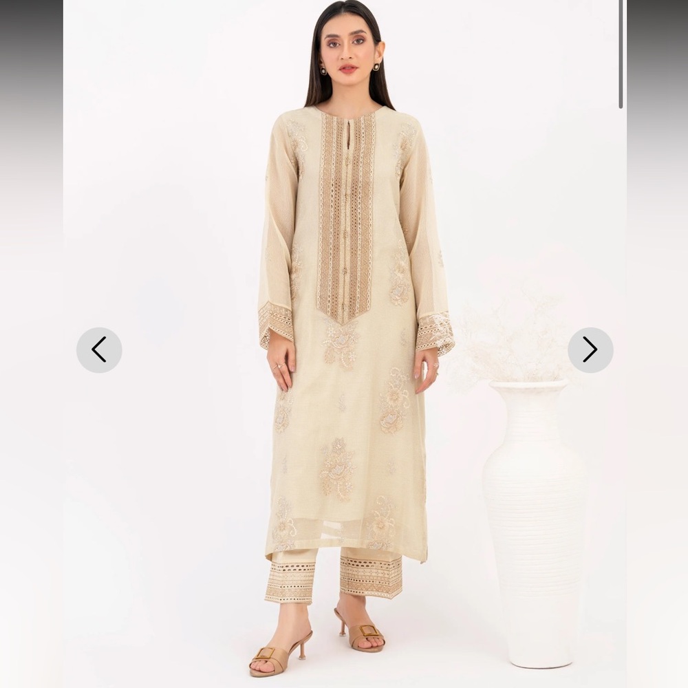 Pakistani limelight gold embroidered cotton net long shirt